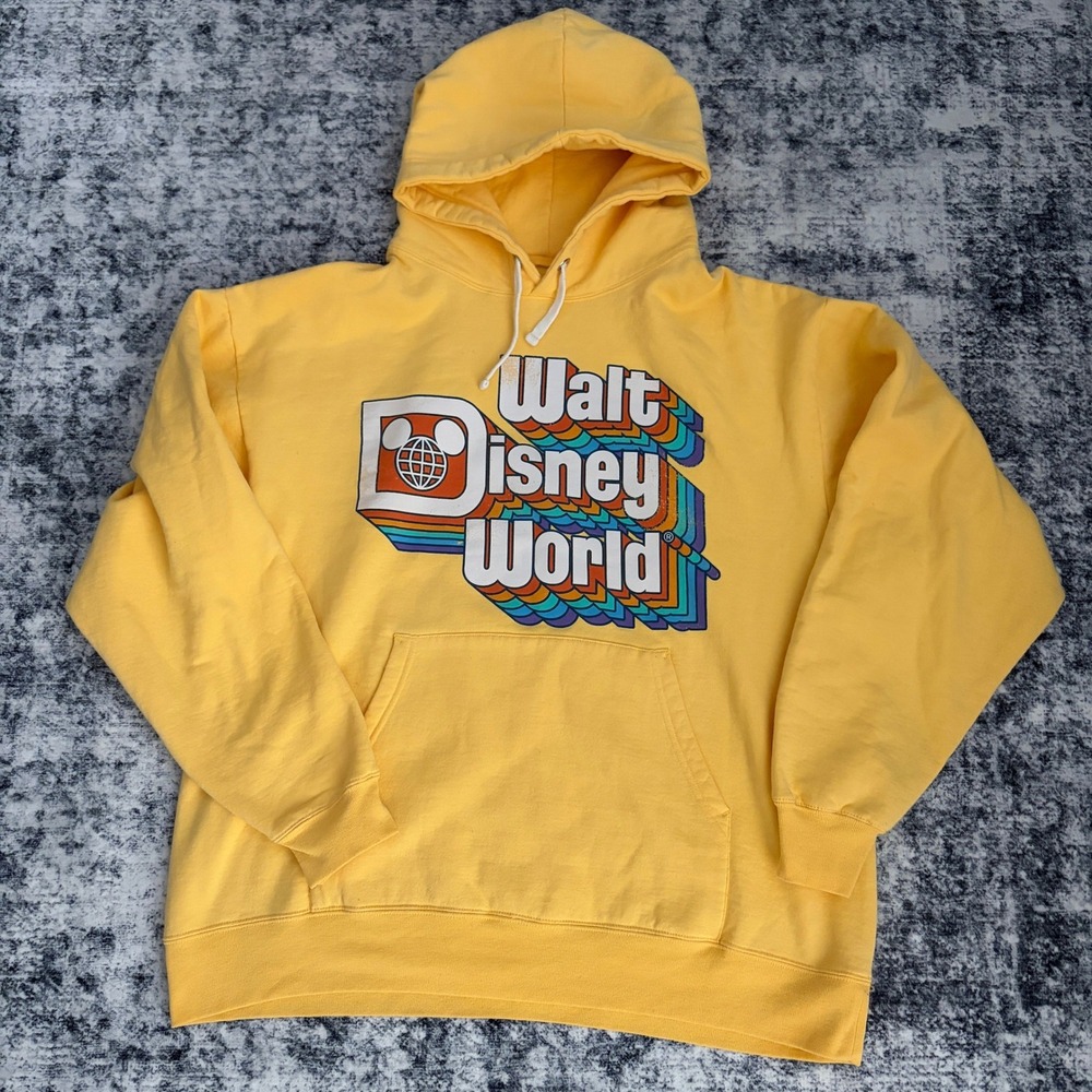Disney Parks Walt Disney World Retro Rainbow Hoodie Adult Large Yellow Pullover